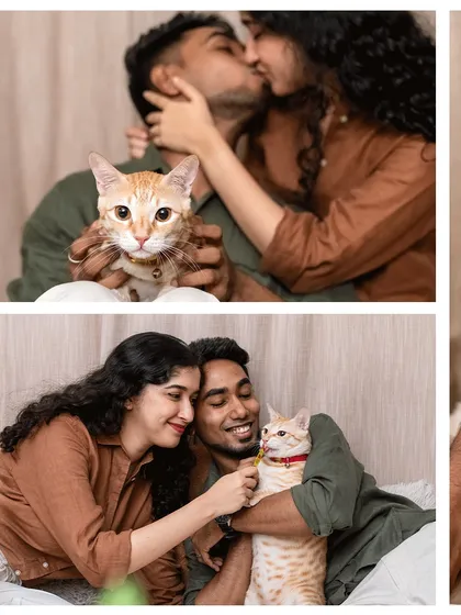 A collage from Toffee the cat's engagement shoot. It captures a sweet moment of the couple kissing behind him and another of them trying to get his attention with a treat.