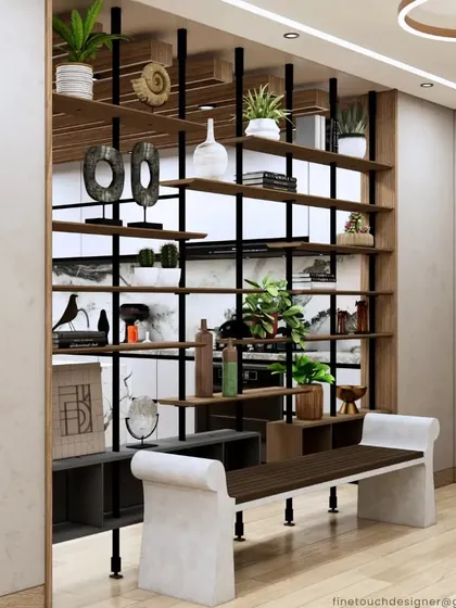 This custom-designed open shelving unit acts as a room divider while providing ample space for decor and books. It's a perfect example of how we create functional pieces that are also beautiful design elements.