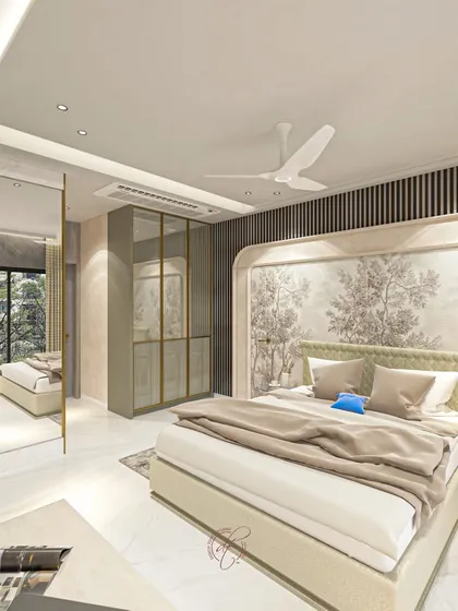 This angle highlights the use of a large mirror to create an illusion of spaciousness, reflecting the beautiful design elements of the room.