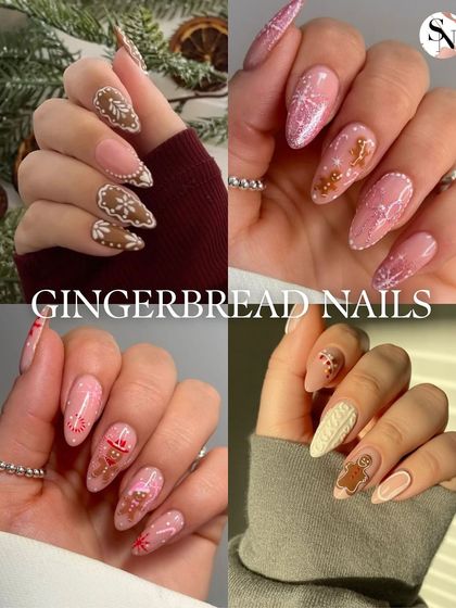 Gingerbread nails are a cute and whimsical option for Christmas. This collage showcases designs with gingerbread men, candy accents, and cozy sweater-knit patterns.