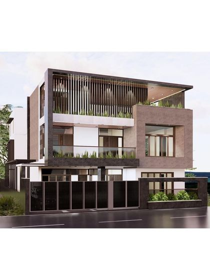 This facade for a villa in Bangalore seamlessly integrates geometric lines for ventilation with a semi-private terrace space. The interplay of solid and void, along with the dark color palette, creates a striking and modern visual appeal.