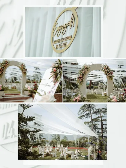 A collage of the beautiful outdoor decor for an engagement ceremony. The floral arches and personalized signs show the attention to detail that makes a wedding special.