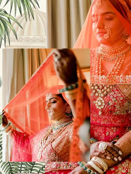 A collage capturing the delicate details of the bridal look. From the gentle lift of the veil to the intricate nose ring and layered necklaces, every element was carefully chosen to create a cohesive and breathtaking bridal ensemble.