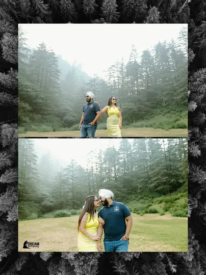 A creative collage with a black and white forest border, framing two romantic moments from a pre-wedding shoot in the Mussoorie hills.