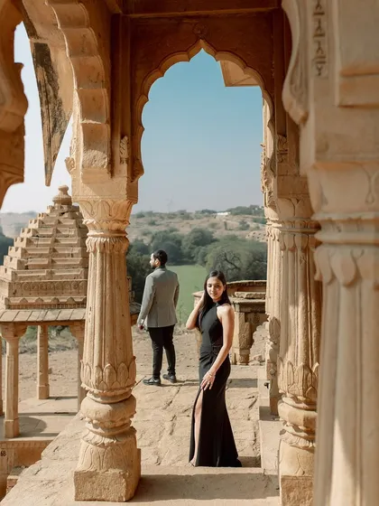 Framed by the intricate sandstone architecture of Jaisalmer, this shot captures a moment of royal elegance. I specialize in finding these perfect frames that add a sense of history and grandeur to your pre-wedding portraits, making them truly timeless.