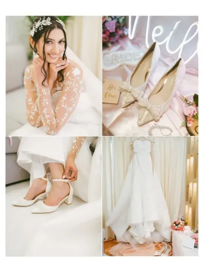 A collage of the bride getting ready, showing her dress, shoes, and a quiet moment of reflection. These details help to build the story of her wedding day.