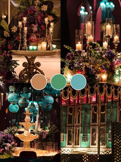 A jewel-toned mood board for a Moroccan or Arabian Nights theme. The mix of deep purples, teals, and gold creates a mystical and luxurious vibe, perfect for a Sangeet or Mehendi night.