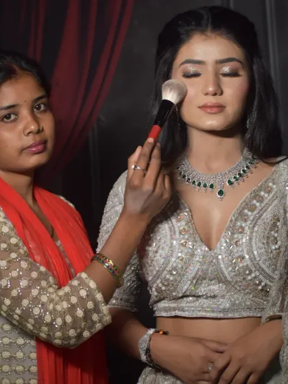 This is what hands-on practice looks like at my academy. Here, one of my students is perfecting a glamorous reception look on a model. My one-on-one classes give you the focused attention needed to master techniques for party and engagement makeup.