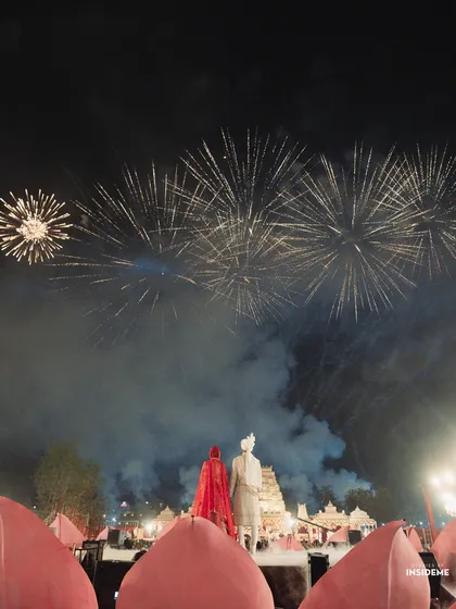 The varmala ceremony is a pinnacle moment, and I make sure it feels that way. Here, a sky full of fireworks was choreographed to erupt the second the couple exchanged garlands, creating a breathtaking memory against the palace backdrop.