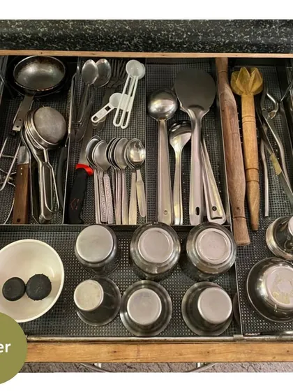 Imagine opening your kitchen drawer and finding exactly what you need in seconds. This is an 'after' from a virtual kitchen organizing session, where we grouped utensils for easy access and a stress-free cooking experience.