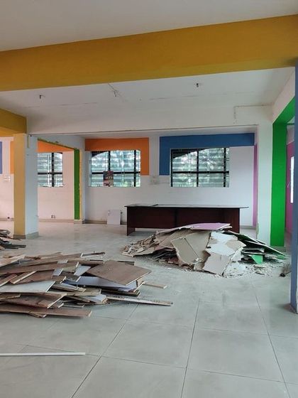 The space before we transformed it into a celestial-themed dining area. It was a large, empty room with debris, waiting for a new vision.