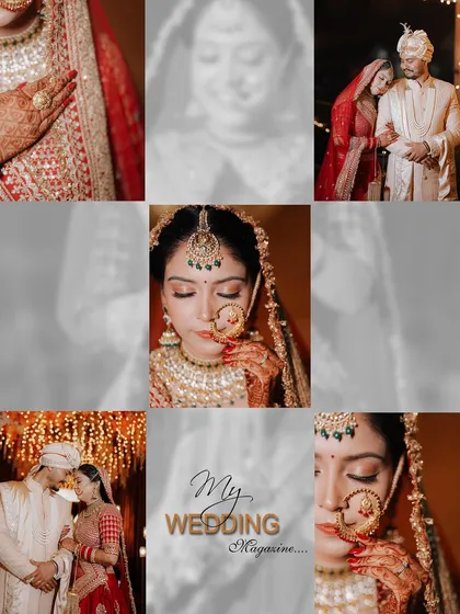 A collage that feels like a magazine spread, capturing the bride's look, the couple's portraits, and details of the wedding. It's a beautiful summary of the wedding day.