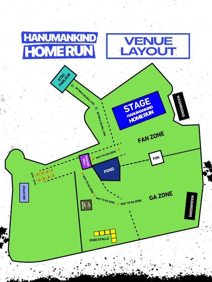 The venue layout map for the Hanumankind concert. We provide transparency on the event layout, including zones, food stalls, and restrooms, to improve the fan experience.