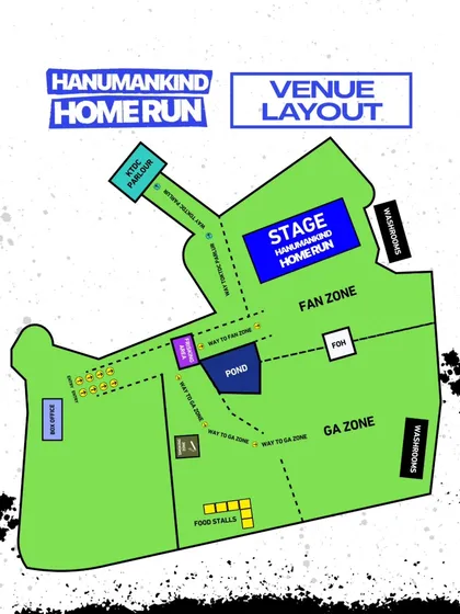 The venue layout for the Hanumankind concert in Kochi, helping fans navigate the grounds.