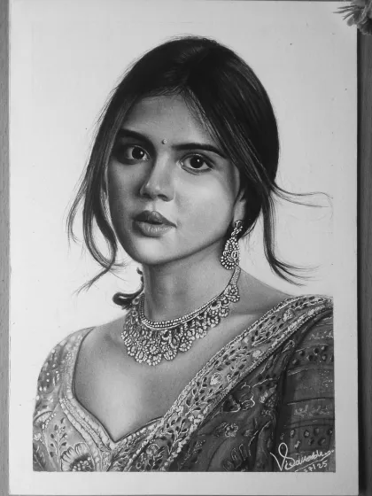 This is my completed graphite sketch of actress Kalyani Priyadarshan. I spent a lot of time on the intricate jewelry and the texture of her clothing to complement the realistic details of her face and expression.