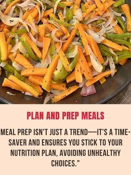 A series of tips for staying in a calorie deficit: prioritize whole foods, incorporate protein with every meal, plan and prep your meals, stay hydrated, and avoid processed sugars.