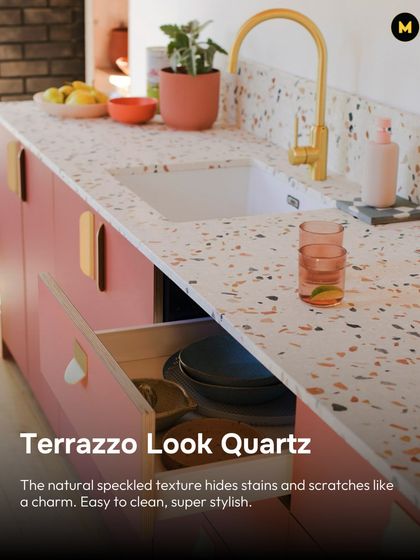 Terrazzo-look quartz is both stylish and practical. The natural speckled texture is great at hiding minor stains and scratches, making it easy to clean and perfect for a playful, modern kitchen.