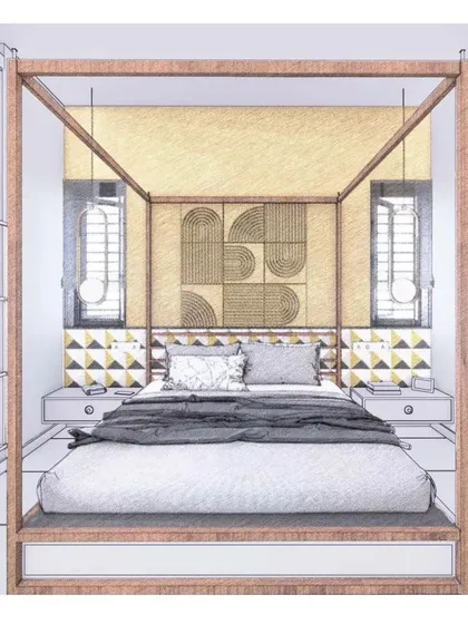 A sketch-to-render illustration of a bedroom concept with a four-poster bed, geometric tiles, and a woven headboard panel.
