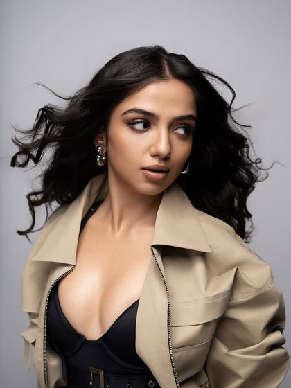 A portrait of Ahsaas Channa from her birthday shoot. The windblown hair and confident expression perfectly match the energy of the modern, edgy outfit.