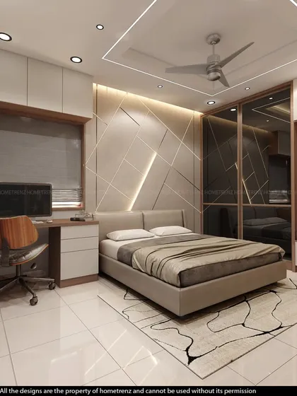 Innovative design meets timeless elegance. This bedroom features a stunning accent wall with geometric patterns and brass inlays, a built-in study desk, and a cozy window seat.