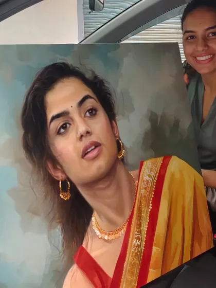 We work closely with clients to create personal and meaningful art. This commissioned oil portrait of actress Sanchita Poonacha captures her likeness with incredible detail, showcasing our ability to turn a vision into a timeless, hand-painted artwork.