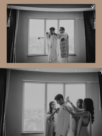 A black and white collage of the groom getting ready with his family. These candid shots capture the love, support, and traditions that are part of the wedding day.