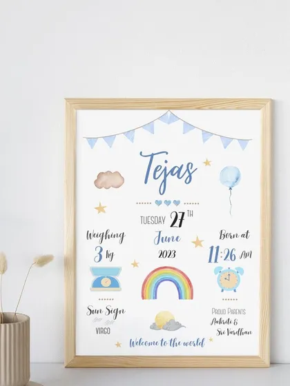 The "Tejas" frame shown in a clean, minimalist setting. This helps you visualize how the print will look in your own home, adding a personal and stylish touch to the nursery decor.