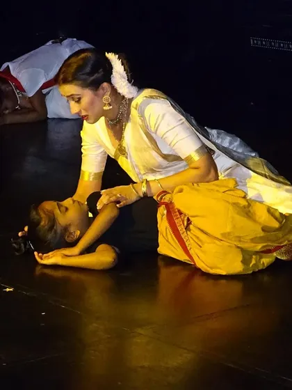 A tender moment from the production, showing the deep bond between Panna Dhai and the children she protects. These quiet scenes are just as important as the dramatic ones.