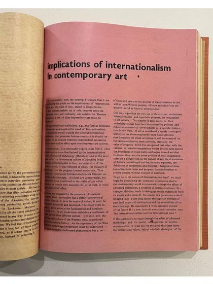 A page from 'Vrishchik', an art magazine founded by Gulammohammed Sheikh and Bhupen Khakhar, which was part of the archival display.