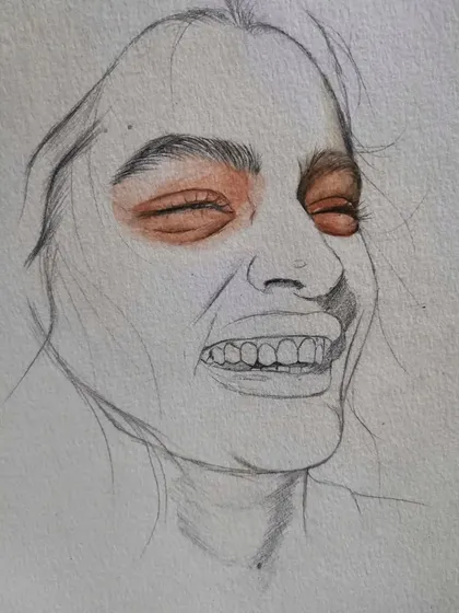 A work-in-progress shot of the smiling girl portrait. Here, I've only added the color to the eyelids, creating a striking contrast with the pencil outline.