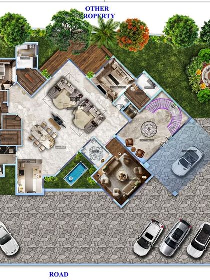 This site plan illustrates a sprawling bungalow with extensive landscaping, multiple parking spaces, and a private pool area, designed for a lifestyle of luxury and privacy.