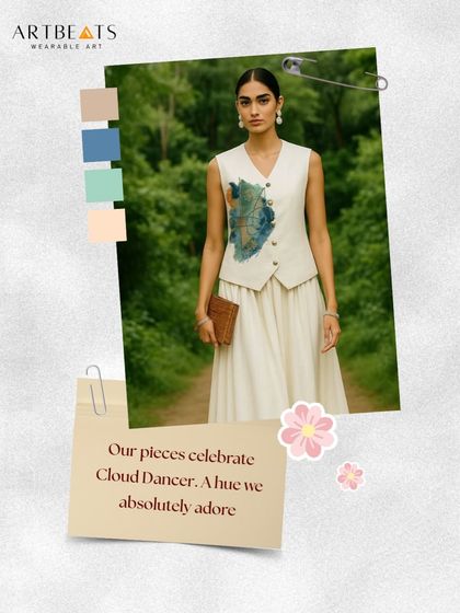 Celebrating the color Cloud Dancer, this image features the Reverie co-ord set. The off-white linen blend is a perfect canvas for the subtle, hand-painted art, embodying quiet elegance.