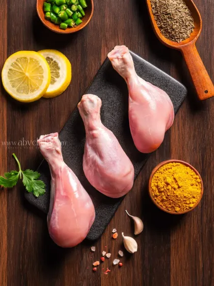Three raw chicken drumsticks neatly arranged on a slate board, surrounded by spices, perfect for a clean product catalog.