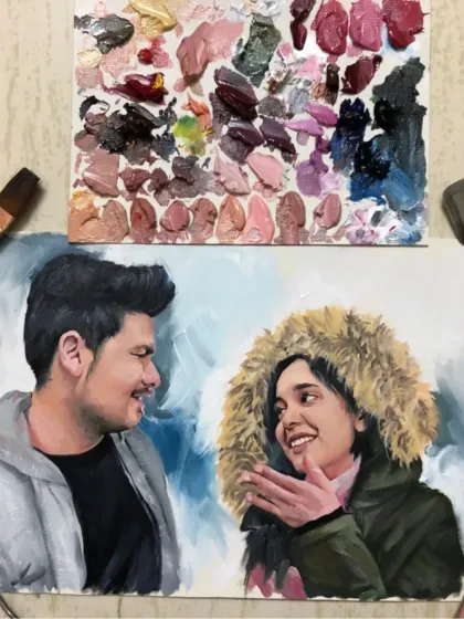 A candid oil portrait of a couple sharing a happy moment. This style is great for capturing genuine emotion and connection.