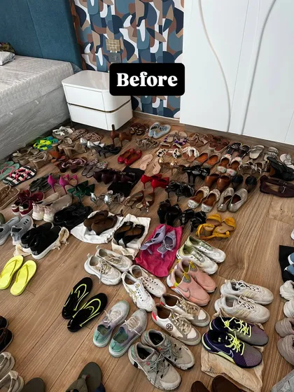 Before: The first step to organizing shoes is to pull everything out. This allows you to see what you have, declutter what you don't need, and categorize the rest.