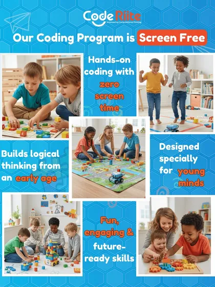 This collage captures the essence of my screen-free coding program. You can see children engaged in various hands-on activities that build logical thinking, from floor games that teach sequencing to block puzzles that introduce algorithmic concepts, all designed for young, curious minds.