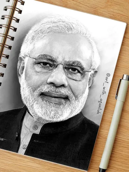 I created this digital sketch of Prime Minister Narendra Modi for his 70th birthday. It's presented in a sketchbook style to show how a finished piece might look on paper, combining the precision of digital art with a traditional feel.