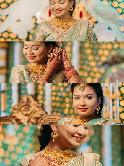 A collage of a bride's portraits from her engagement, showing her getting ready and her final look.
