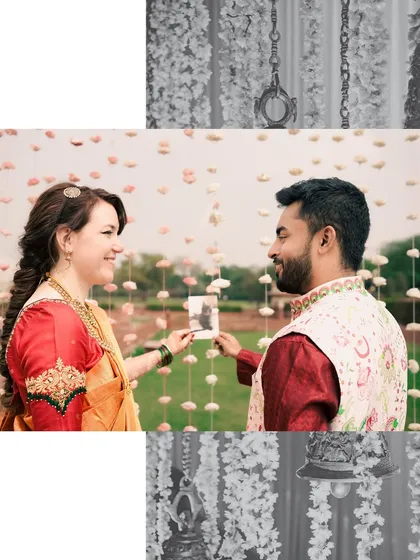 A heartwarming moment where the couple holds up an old photograph, connecting their past to their present. The bride's traditional South Indian saree adds a beautiful cultural element to the shoot.