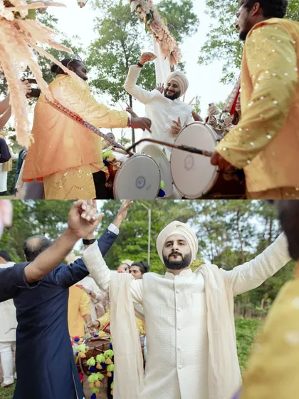 The groom's baraat entry is always full of energy. Here, he dances with joy, surrounded by dhol players and celebrating friends, a vibrant and essential part of the Indian wedding tradition.