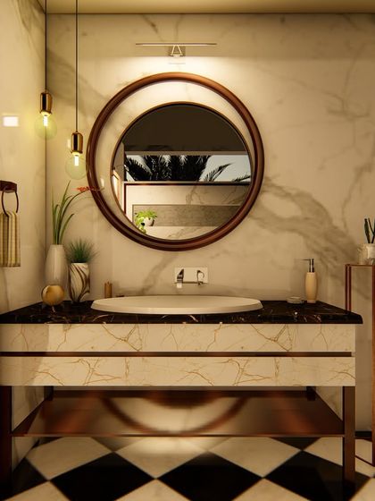 A classic and elegant bathroom design featuring a black-and-white checkered floor, a marble-topped vanity with rose gold fixtures, and a large round mirror. The combination of patterns and materials creates a timeless look.