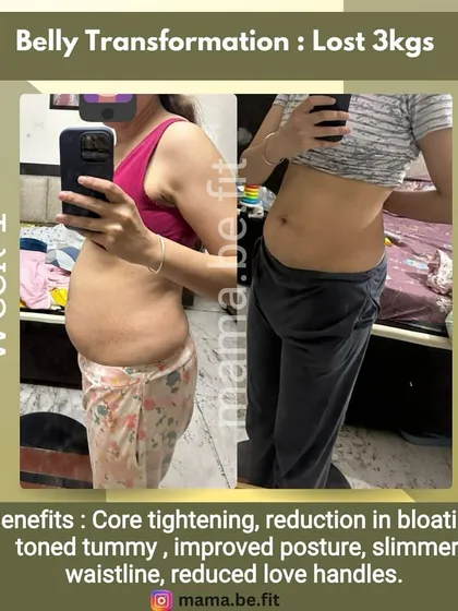 A belly transformation in just 4 weeks. This client lost 3 kgs and achieved core tightening, reduced bloating, a toned tummy, and a slimmer waistline.