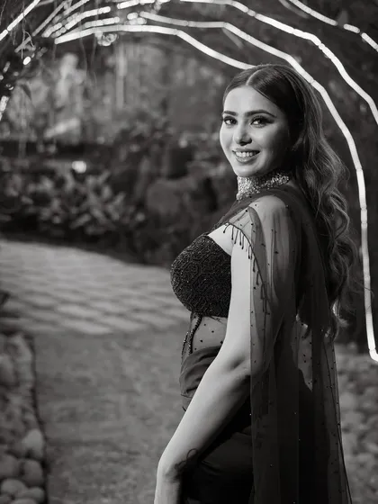 A stunning black and white portrait of the bride, looking radiant and happy during her cocktail night celebrations.
