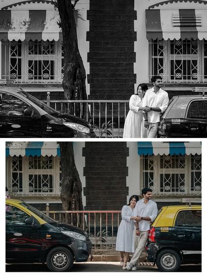 A black and white version of the taxi shot adds a timeless, classic feel. It highlights the textures of the old buildings and the couple's connection without the distraction of color.