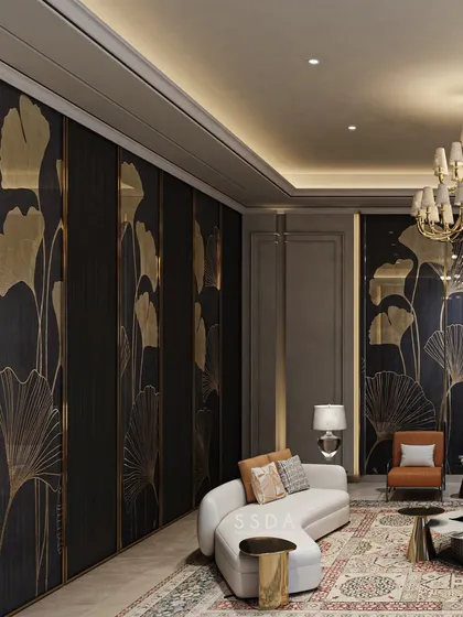 For this formal living room, I blended modern and classic styles. A stunning black-and-gold mosaic wall with ginkgo leaves serves as a dramatic backdrop for sleek, contemporary furniture and an ornate chandelier.