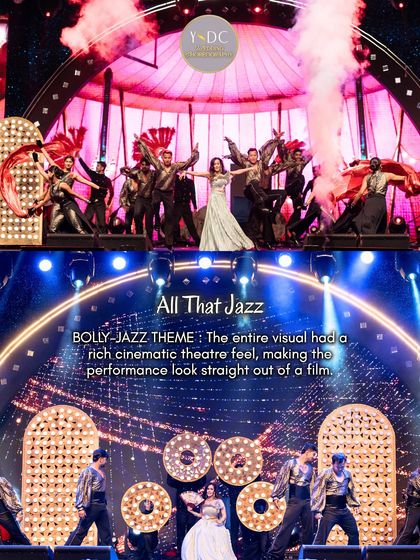 A look at our 'All That Jazz' Bolly-Jazz theme. The entire visual had a rich, cinematic theatre feel, with retro bulb-lit signs and dramatic lighting, making the performance look straight out of a film.