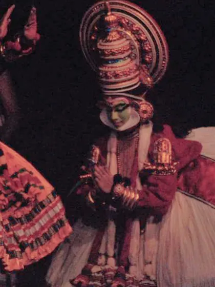 Another look at my portrayal of Arjuna. The stylized makeup, or 'chutti', and the grand headgear, or 'kireedam', are iconic elements of Kathakali.