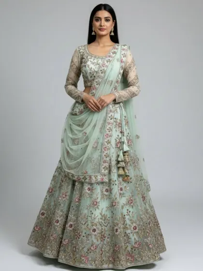 This image shows the intricate floral embroidery in shades of pink and gold that adorns the mint green lehenga, making it a work of art.