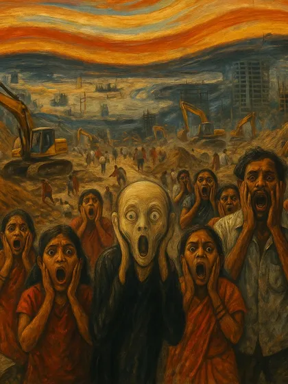 My take on Edvard Munch's 'The Scream', set against a backdrop of endless urban construction in India. This image captures the collective anxiety and horror of unchecked development.