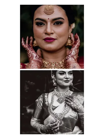 A collage of a bride's portraits, showcasing her elegant poses and the beautiful details of her wedding attire.